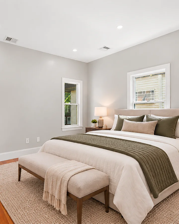 After: the primary bedroom toward the door, virtually staged